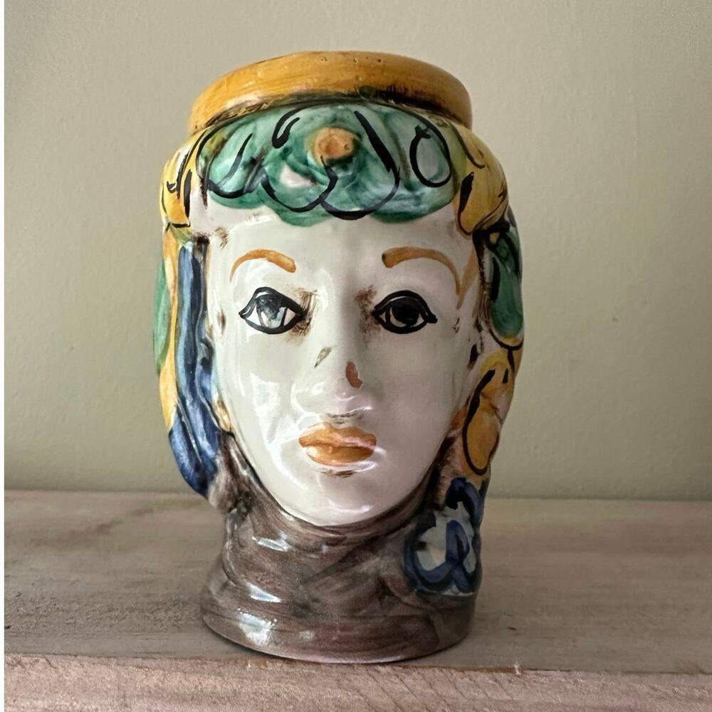 Vintage Sicilian Moor's Head vase Caltagirone woman 4.5”ceramic signed